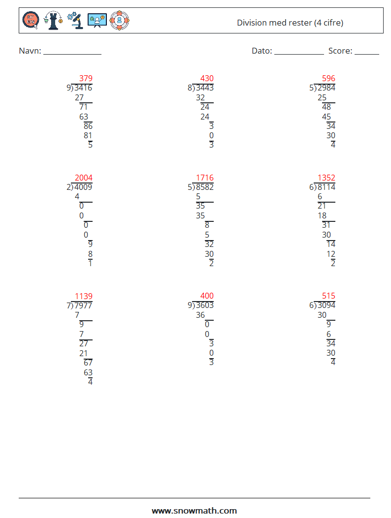 (9) Division med rester (4 cifre) Matematiske regneark 14 Spørgsmål, svar