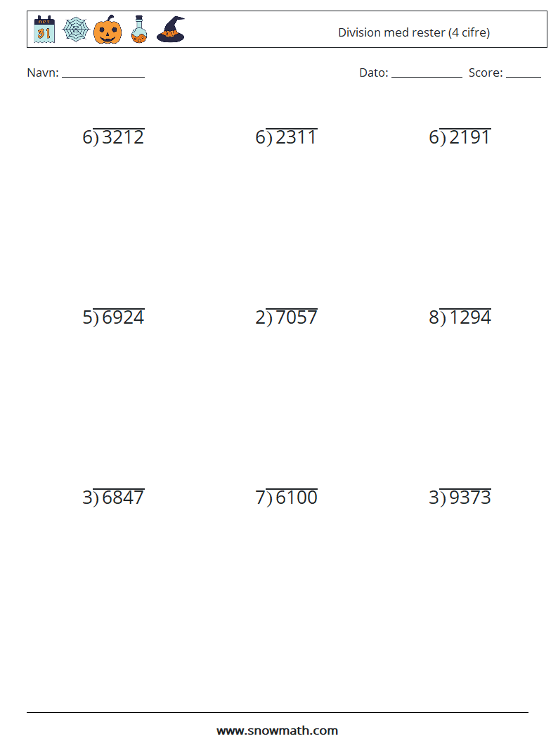 (9) Division med rester (4 cifre) Matematiske regneark 15