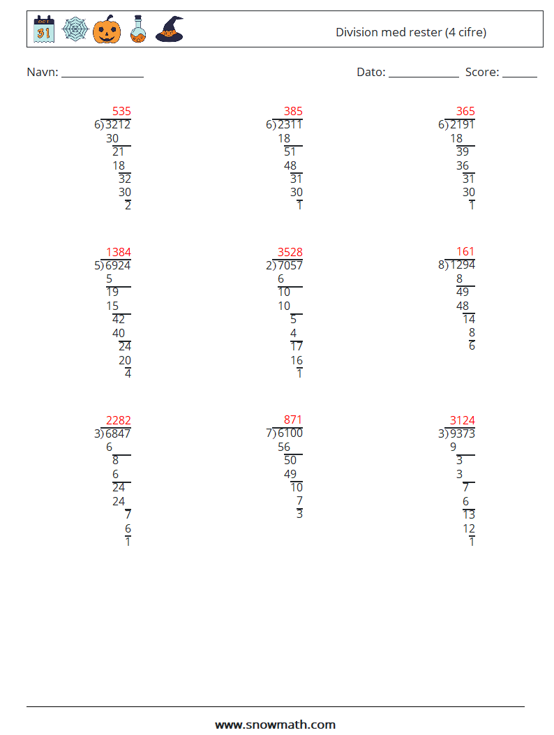 (9) Division med rester (4 cifre) Matematiske regneark 15 Spørgsmål, svar