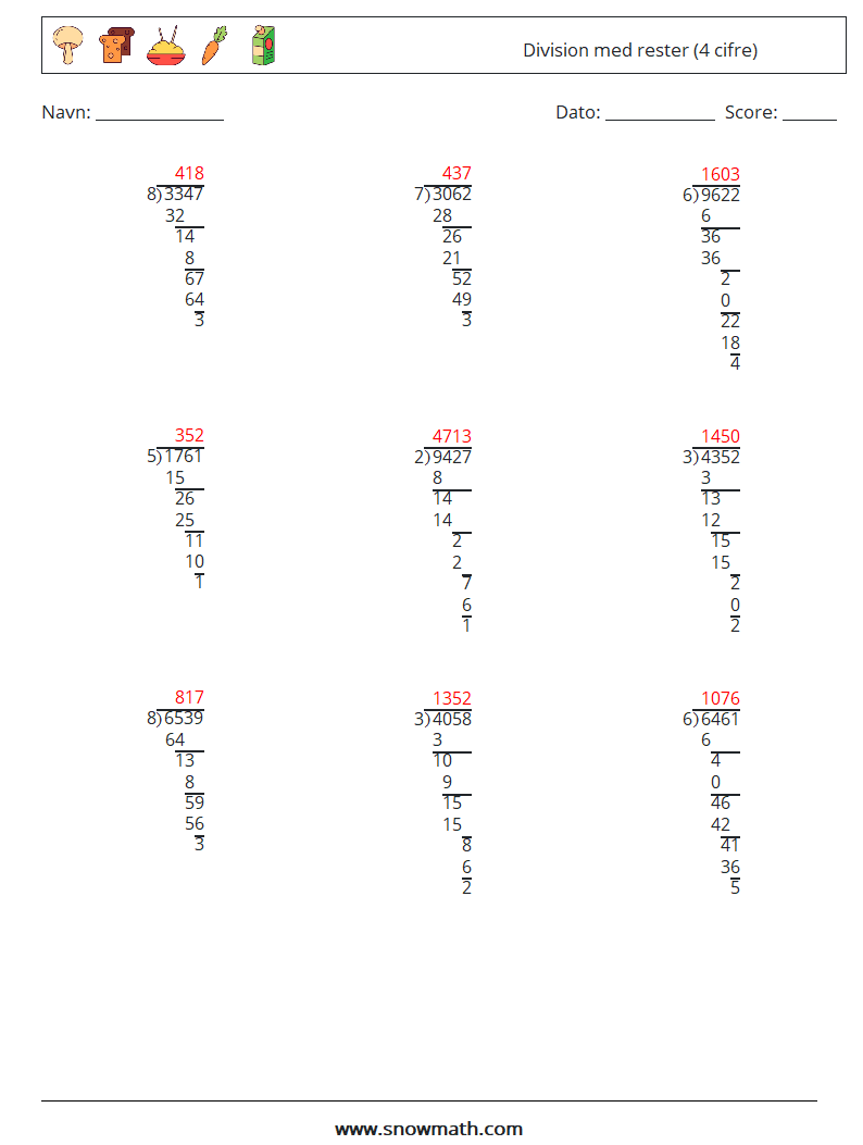 (9) Division med rester (4 cifre) Matematiske regneark 16 Spørgsmål, svar