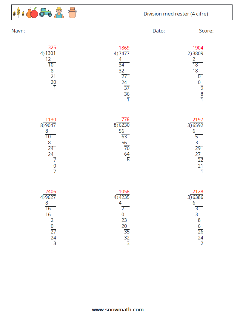 (9) Division med rester (4 cifre) Matematiske regneark 17 Spørgsmål, svar