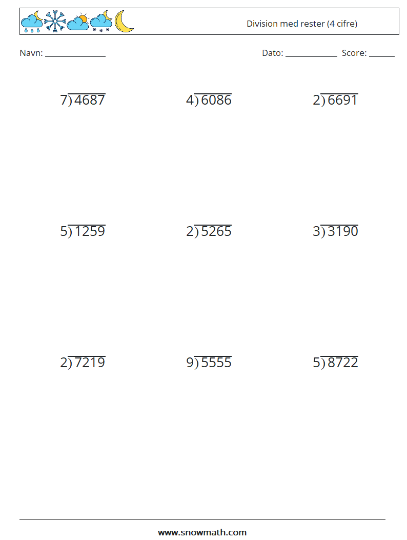 (9) Division med rester (4 cifre) Matematiske regneark 18