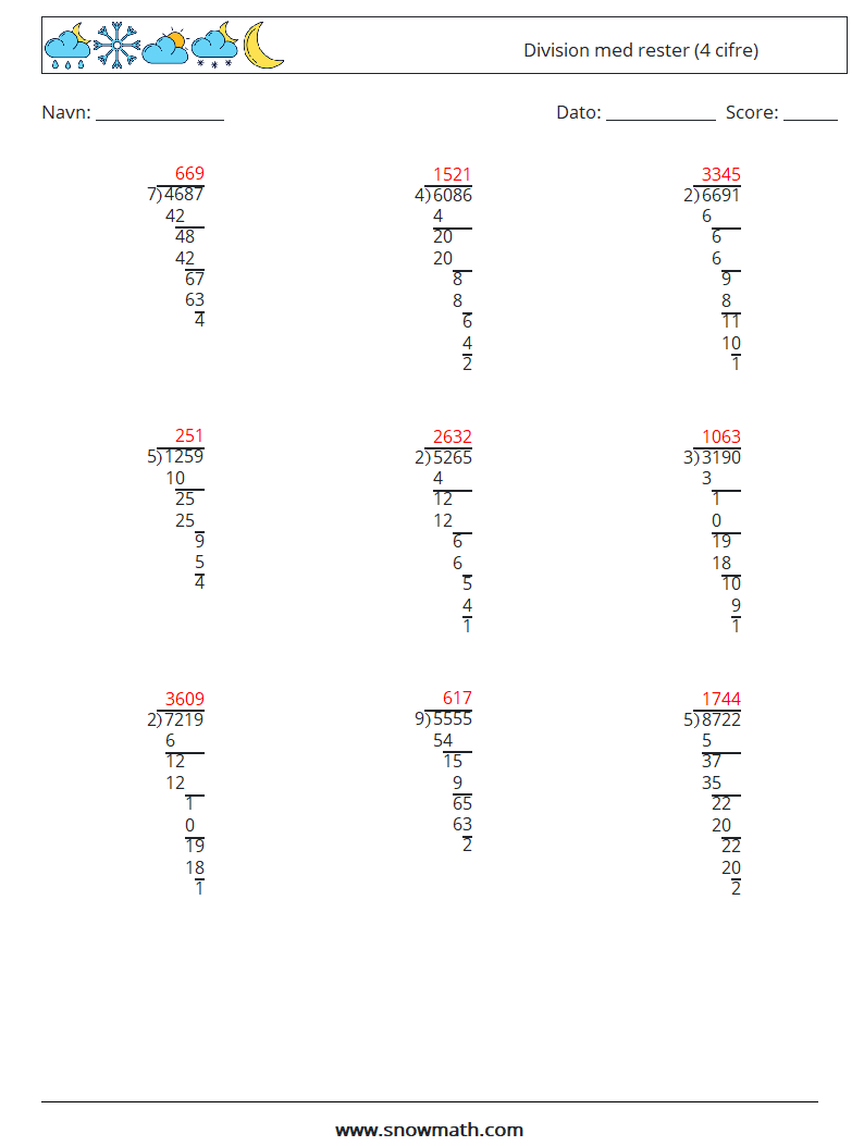 (9) Division med rester (4 cifre) Matematiske regneark 18 Spørgsmål, svar