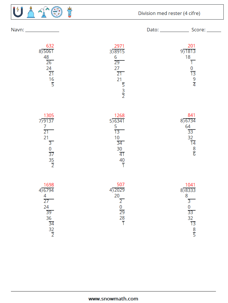 (9) Division med rester (4 cifre) Matematiske regneark 1 Spørgsmål, svar
