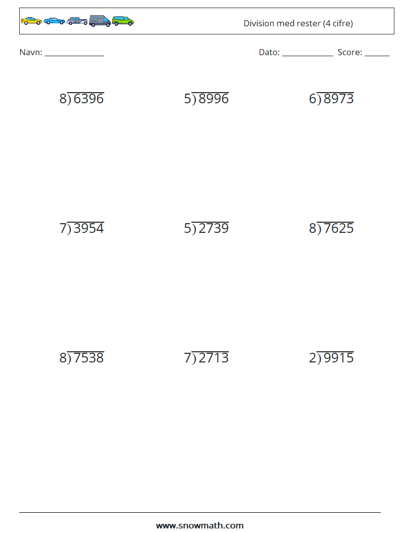 (9) Division med rester (4 cifre) Matematiske regneark 2