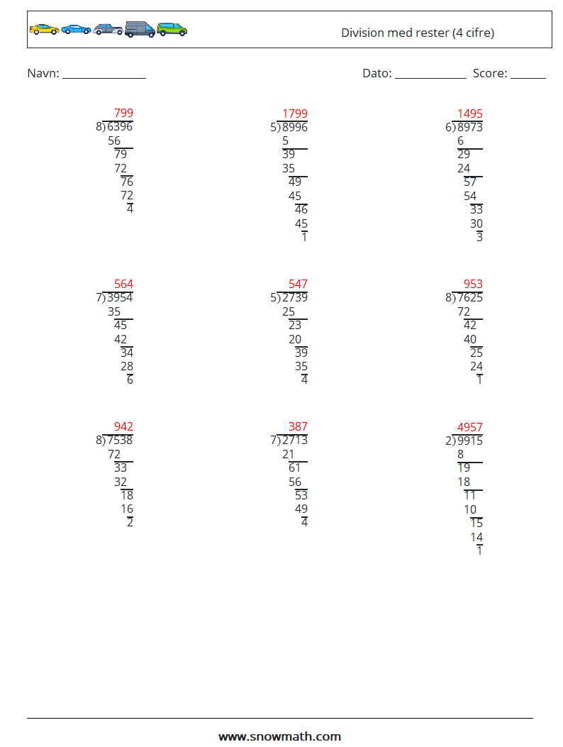(9) Division med rester (4 cifre) Matematiske regneark 2 Spørgsmål, svar