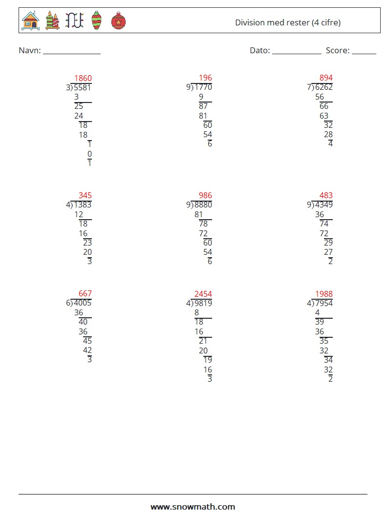 (9) Division med rester (4 cifre) Matematiske regneark 3 Spørgsmål, svar