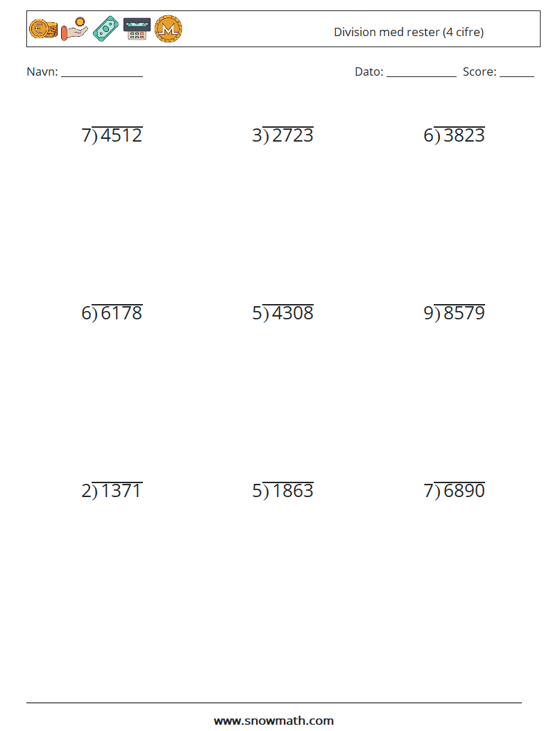 (9) Division med rester (4 cifre) Matematiske regneark 4