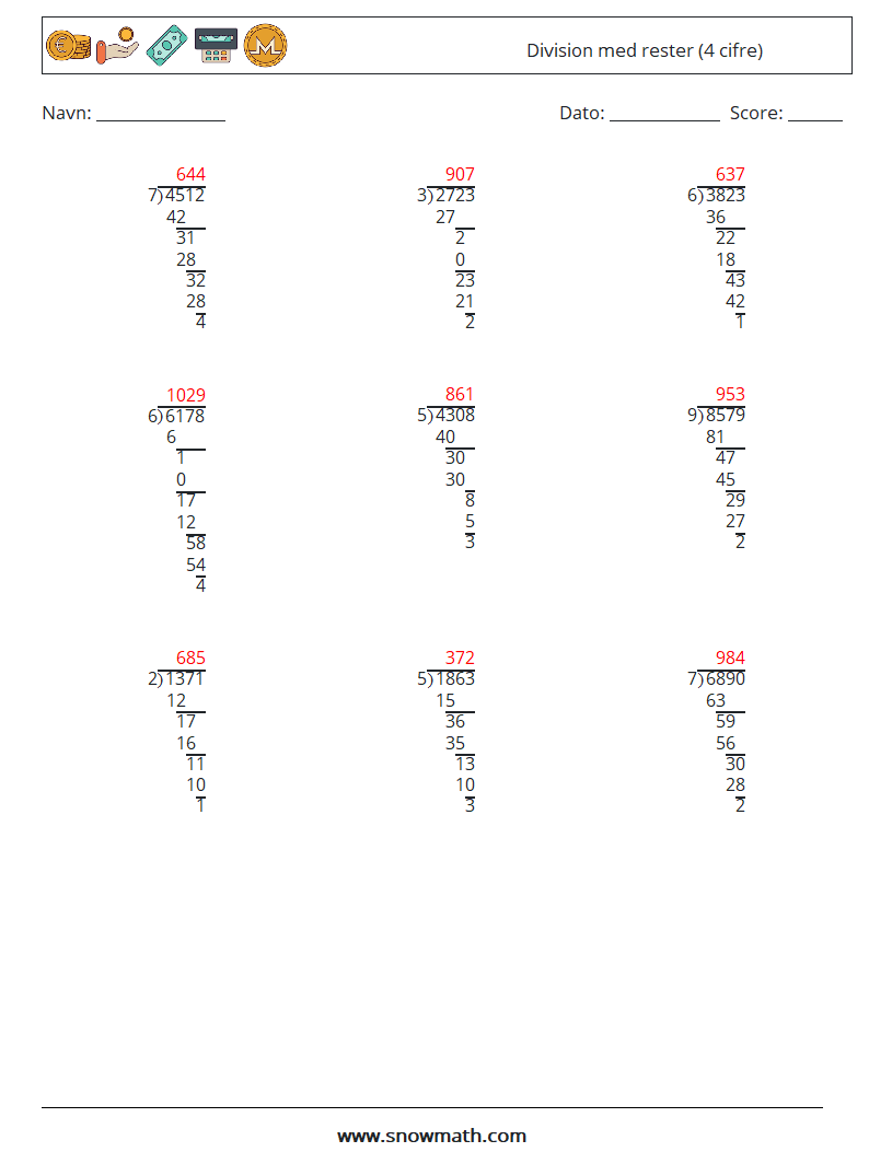 (9) Division med rester (4 cifre) Matematiske regneark 4 Spørgsmål, svar