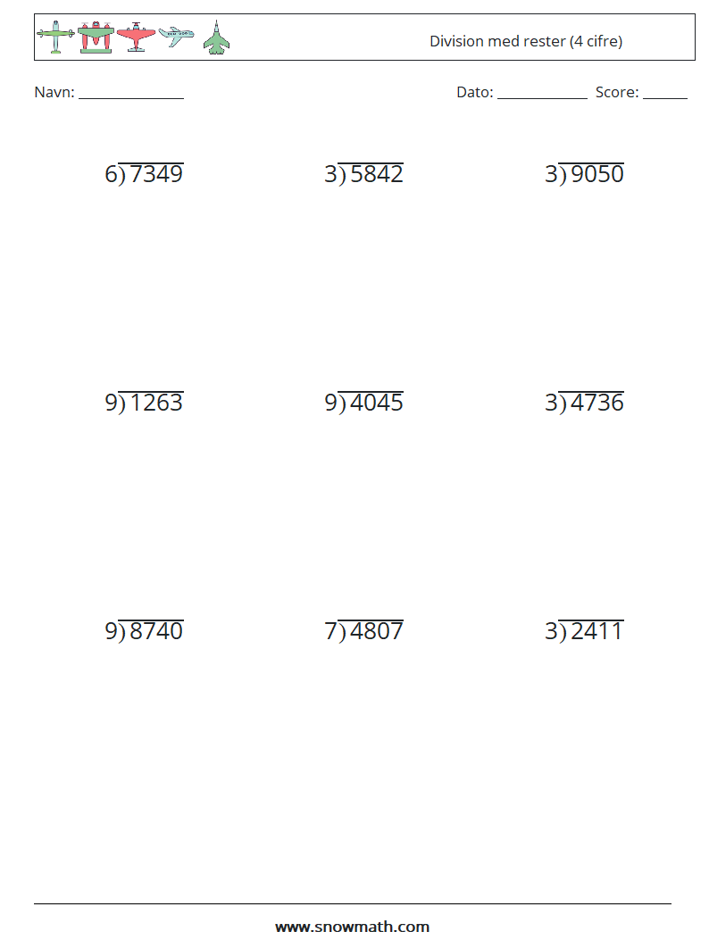 (9) Division med rester (4 cifre) Matematiske regneark 6