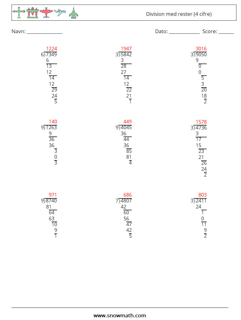 (9) Division med rester (4 cifre) Matematiske regneark 6 Spørgsmål, svar