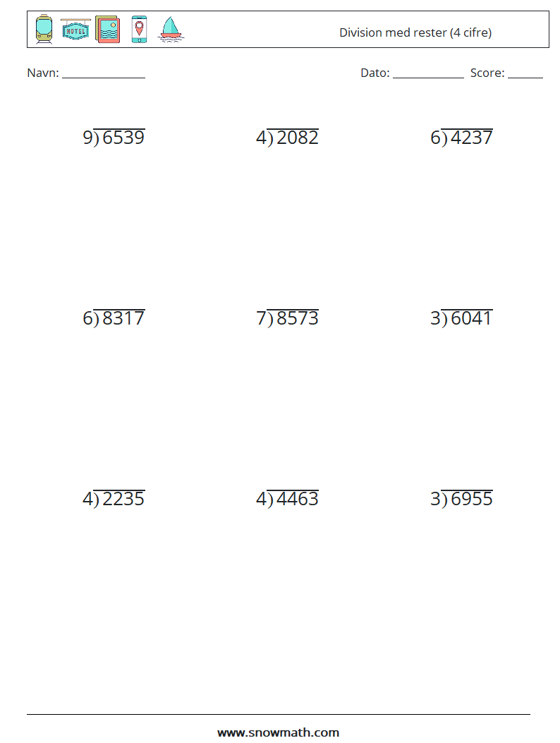 (9) Division med rester (4 cifre) Matematiske regneark 7