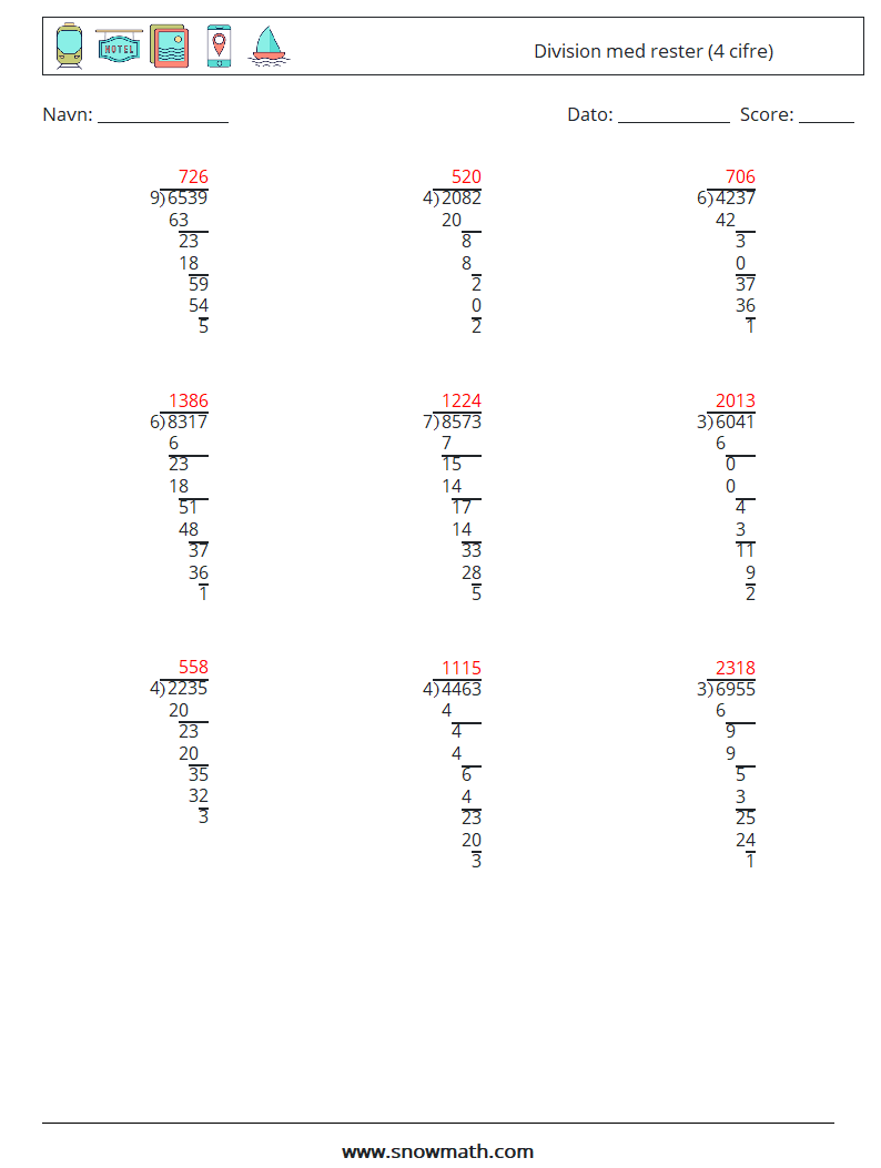 (9) Division med rester (4 cifre) Matematiske regneark 7 Spørgsmål, svar