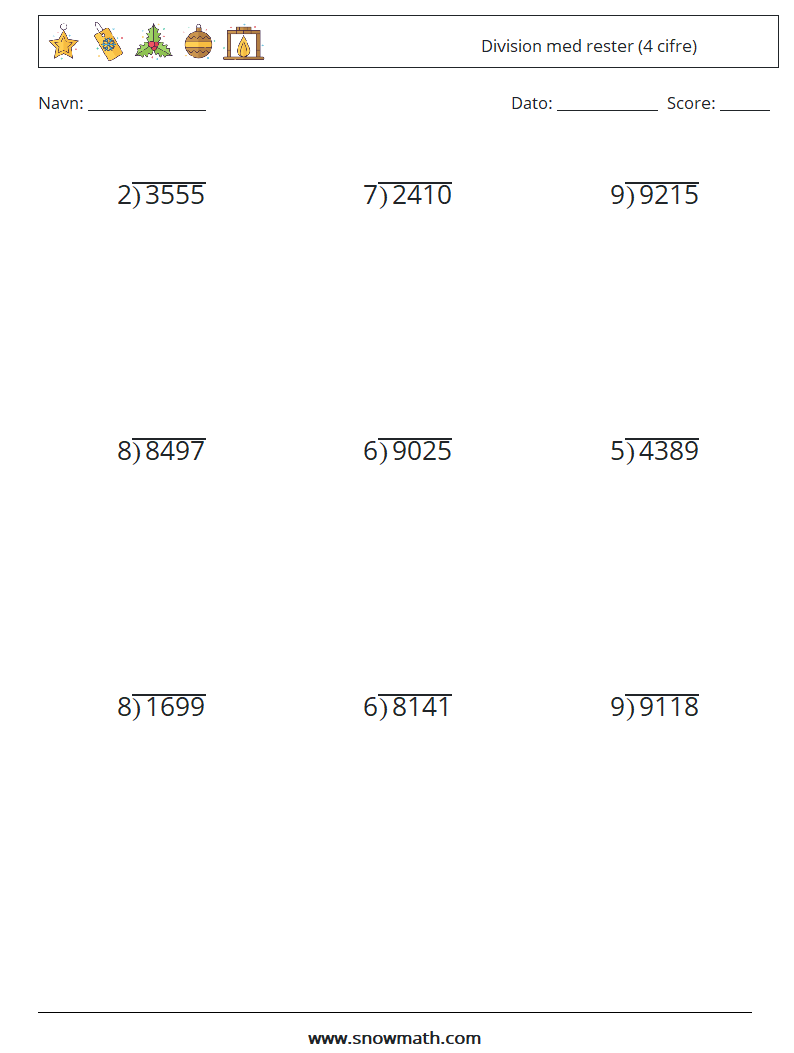 (9) Division med rester (4 cifre) Matematiske regneark 8