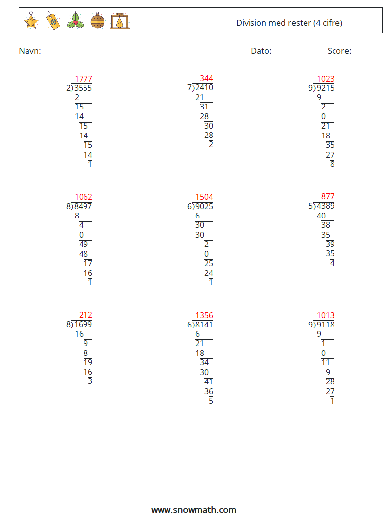 (9) Division med rester (4 cifre) Matematiske regneark 8 Spørgsmål, svar