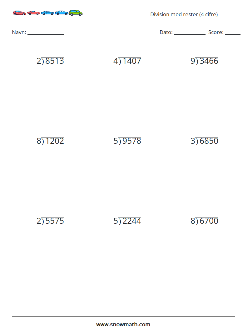 (9) Division med rester (4 cifre) Matematiske regneark 9