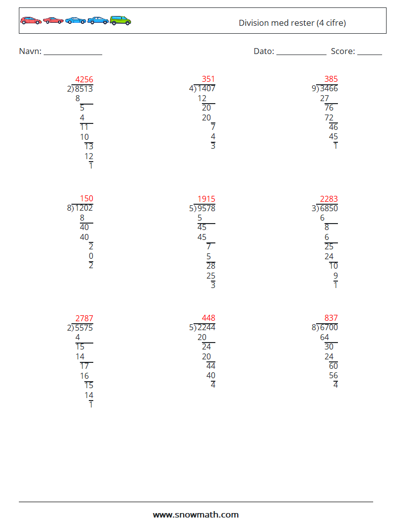(9) Division med rester (4 cifre) Matematiske regneark 9 Spørgsmål, svar