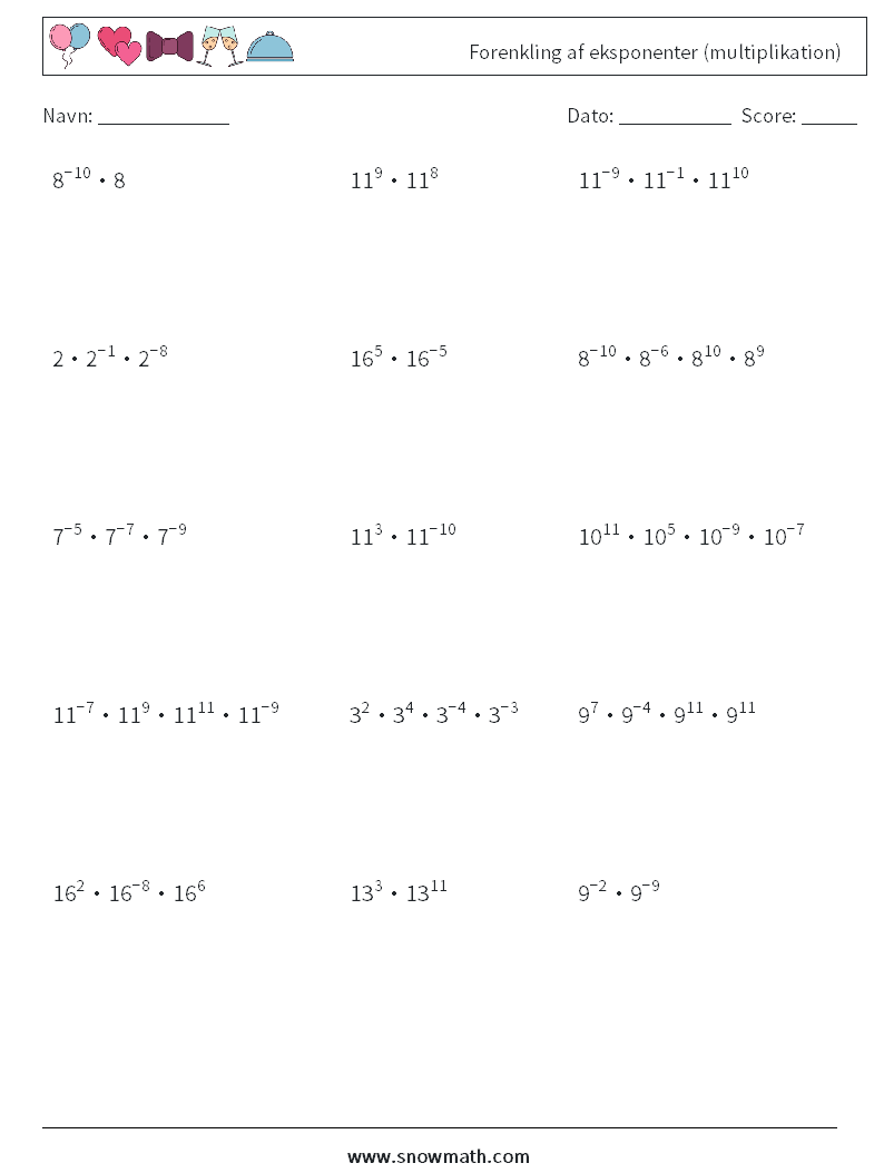 Forenkling af eksponenter (multiplikation) Matematiske regneark 7