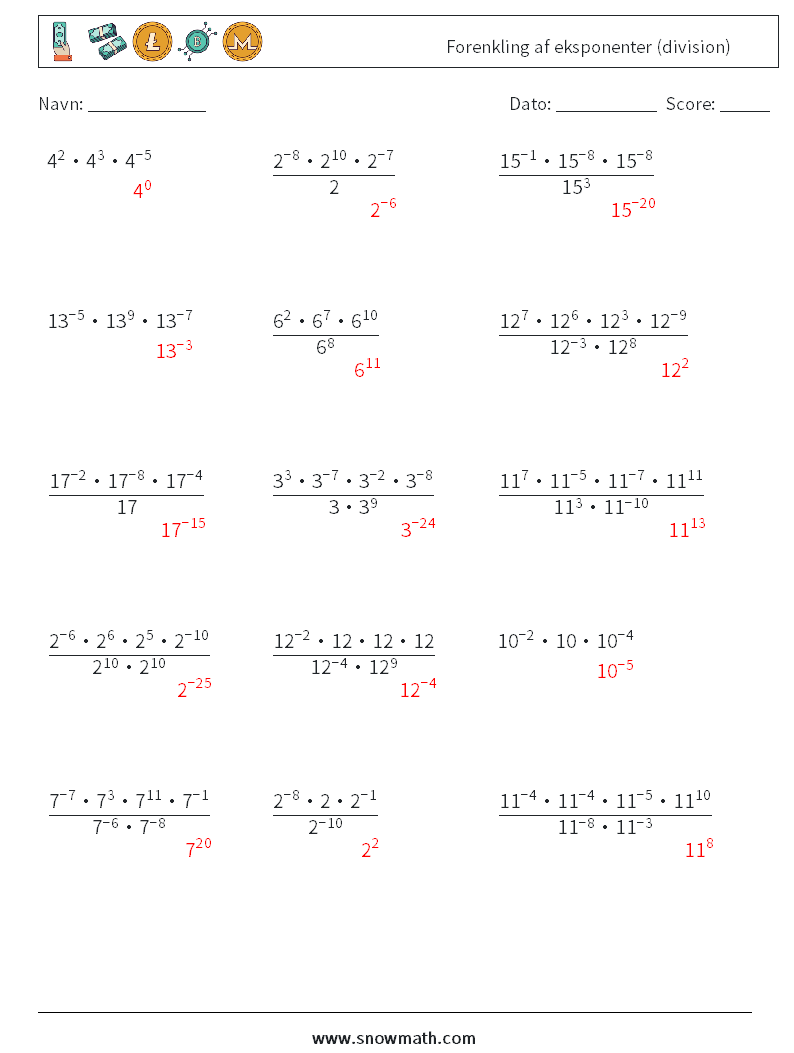 Forenkling af eksponenter (division) Matematiske regneark 5 Spørgsmål, svar