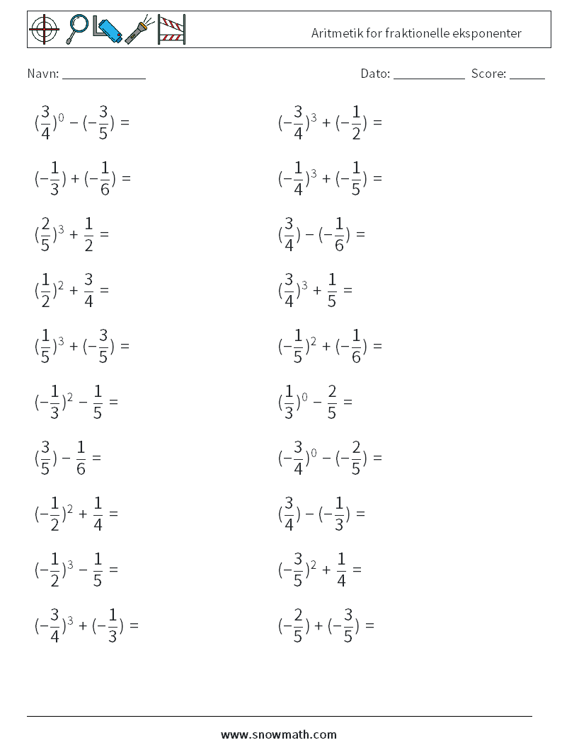 Aritmetik for fraktionelle eksponenter Matematiske regneark 4