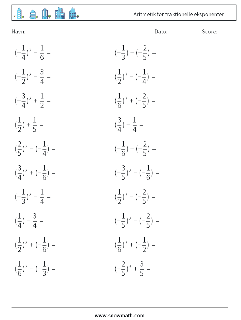 Aritmetik for fraktionelle eksponenter Matematiske regneark 6