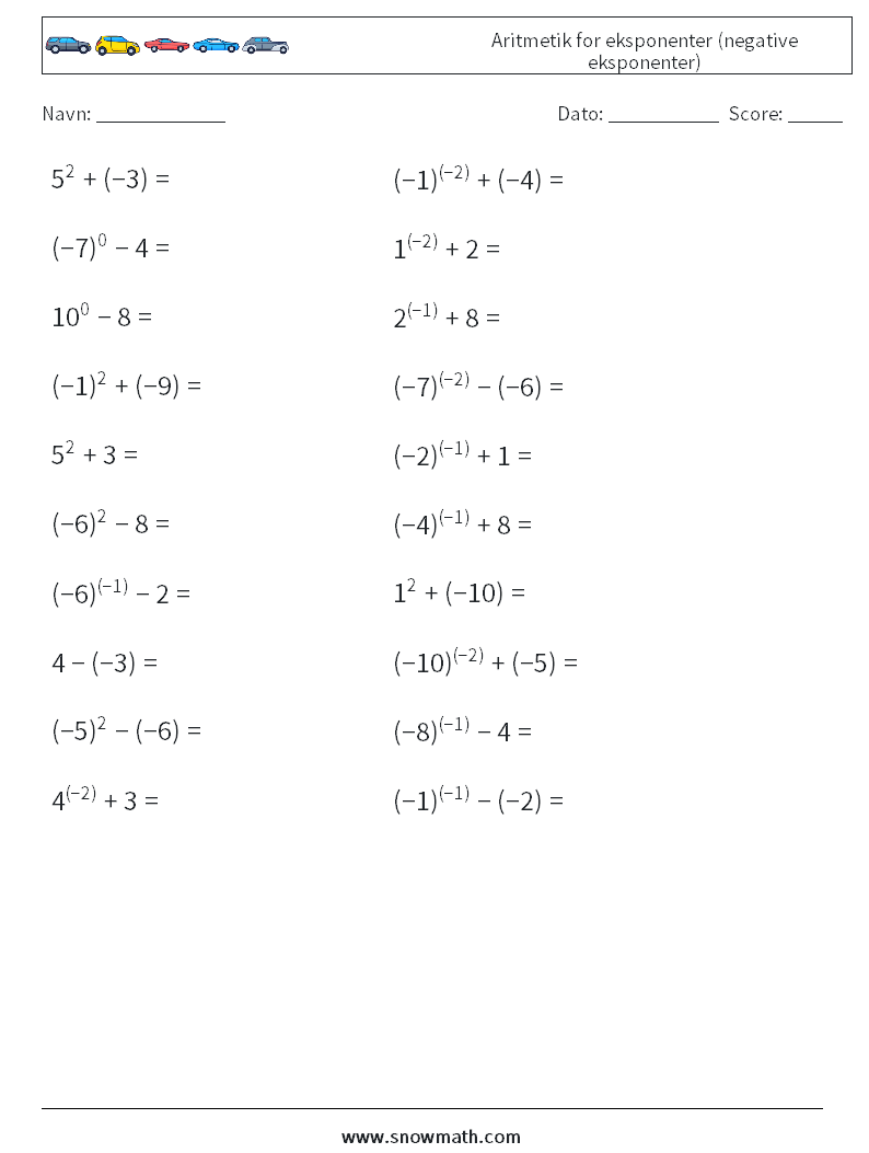 Aritmetik for eksponenter (negative eksponenter) Matematiske regneark 2