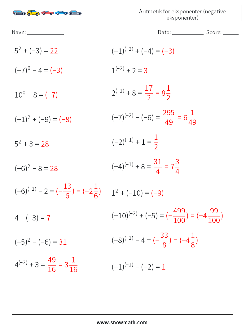  Aritmetik for eksponenter (negative eksponenter) Matematiske regneark 2 Spørgsmål, svar