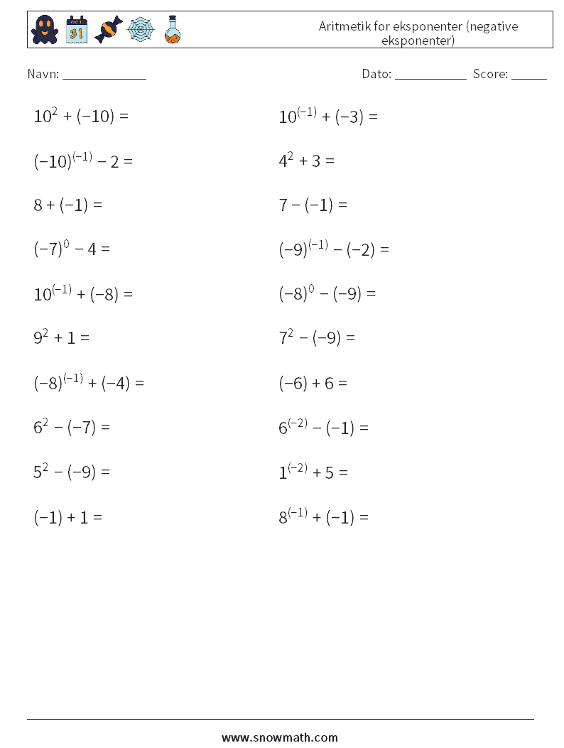  Aritmetik for eksponenter (negative eksponenter) Matematiske regneark 3