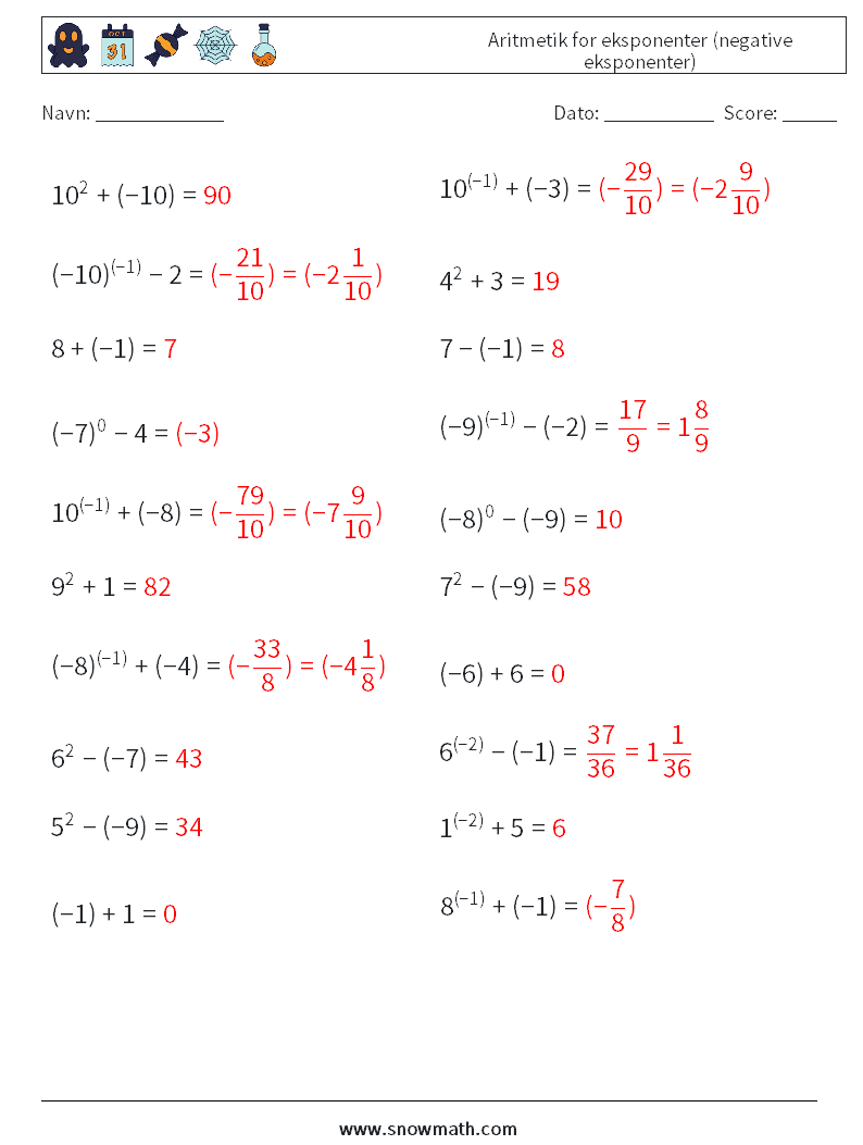 Aritmetik for eksponenter (negative eksponenter) Matematiske regneark 3 Spørgsmål, svar