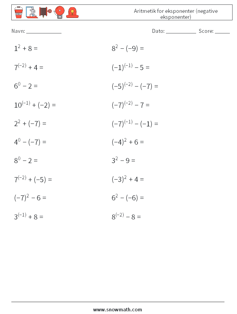  Aritmetik for eksponenter (negative eksponenter) Matematiske regneark 4