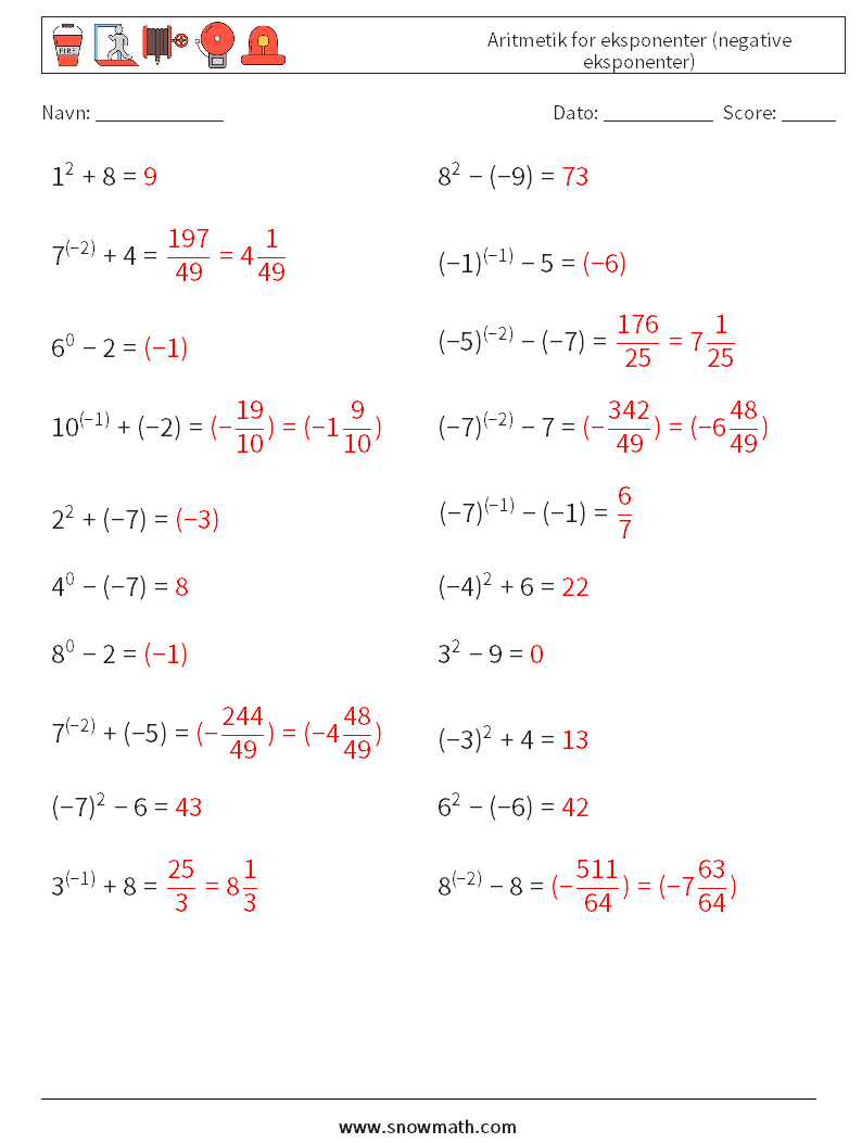  Aritmetik for eksponenter (negative eksponenter) Matematiske regneark 4 Spørgsmål, svar