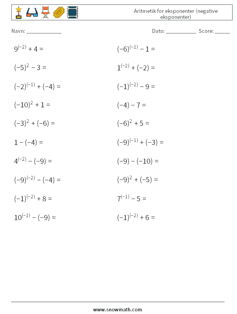  Aritmetik for eksponenter (negative eksponenter) Matematiske regneark 5