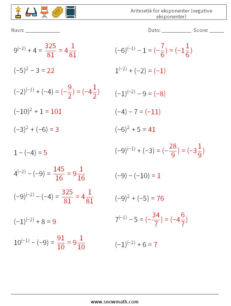 Aritmetik for eksponenter (negative eksponenter) Matematiske regneark 5 Spørgsmål, svar