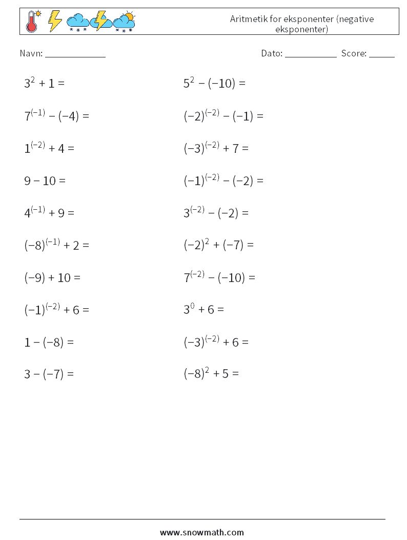  Aritmetik for eksponenter (negative eksponenter) Matematiske regneark 6
