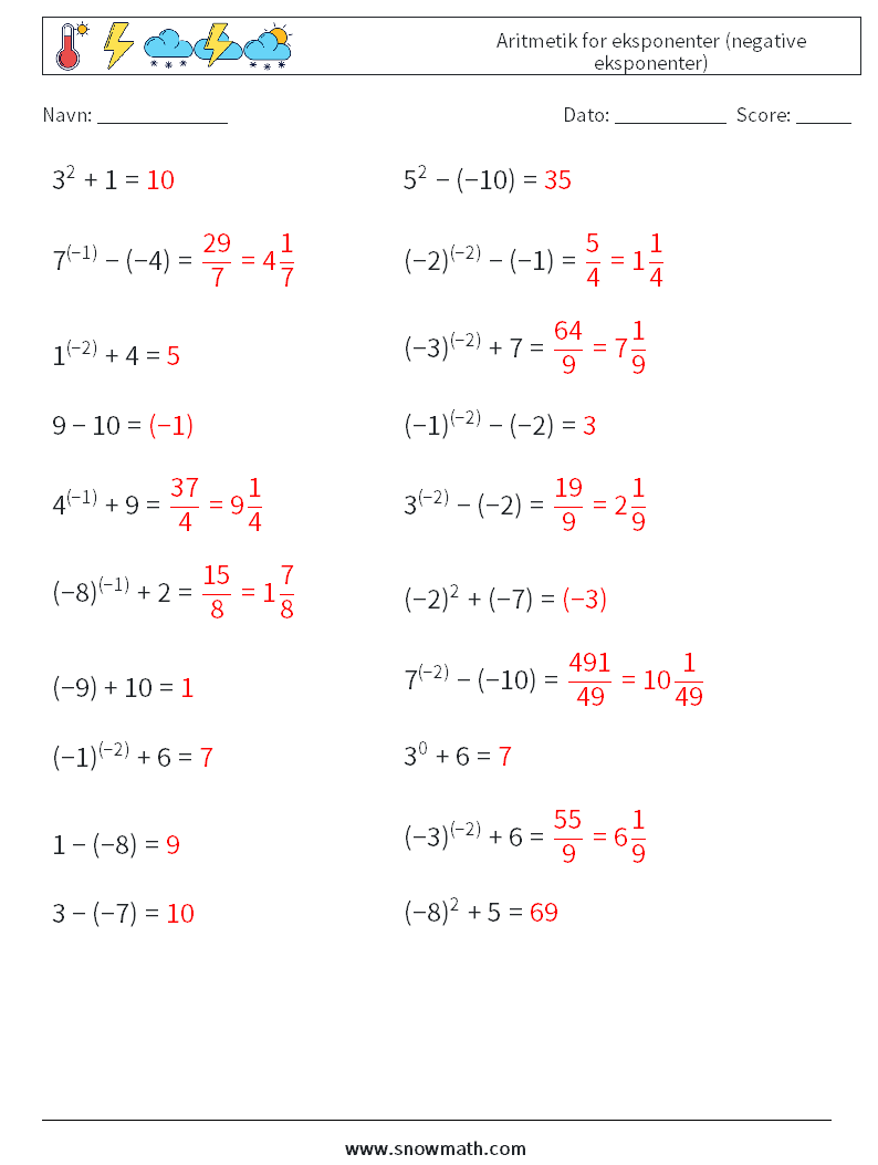  Aritmetik for eksponenter (negative eksponenter) Matematiske regneark 6 Spørgsmål, svar