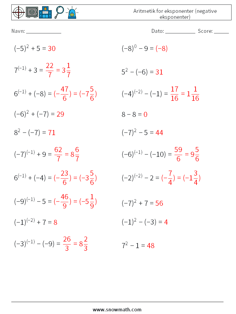  Aritmetik for eksponenter (negative eksponenter) Matematiske regneark 7 Spørgsmål, svar
