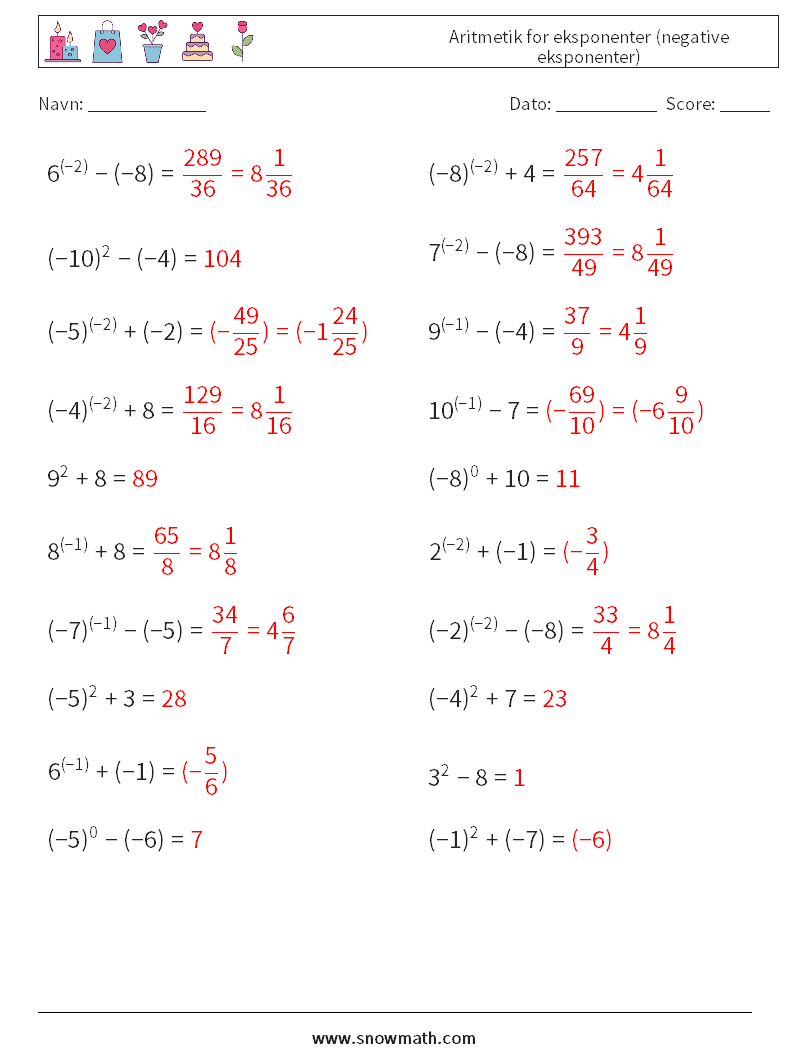  Aritmetik for eksponenter (negative eksponenter) Matematiske regneark 8 Spørgsmål, svar
