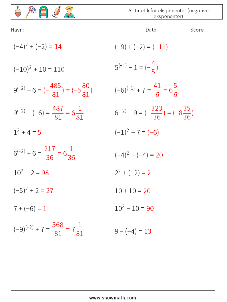  Aritmetik for eksponenter (negative eksponenter) Matematiske regneark 9 Spørgsmål, svar