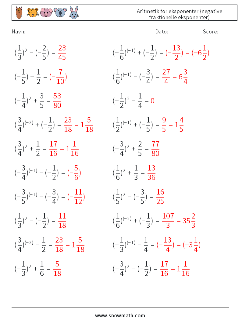  Aritmetik for eksponenter (negative fraktionelle eksponenter) Matematiske regneark 1 Spørgsmål, svar