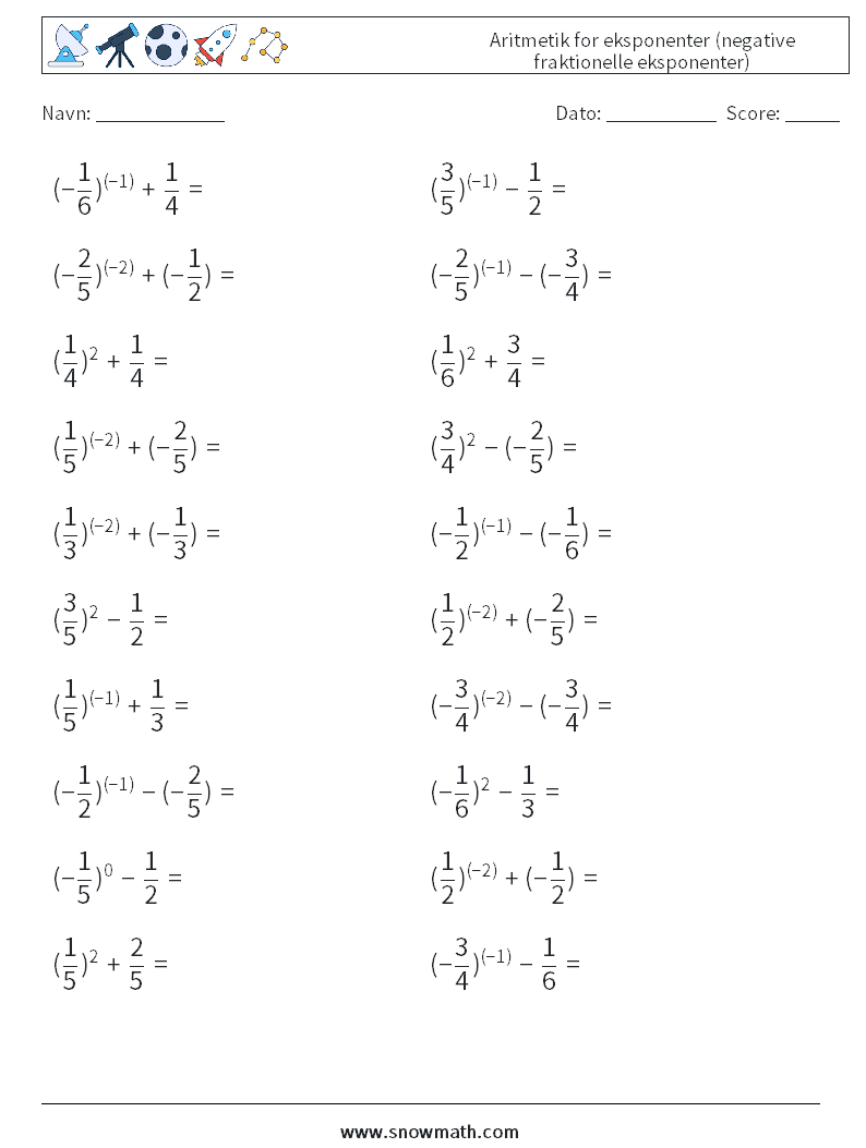  Aritmetik for eksponenter (negative fraktionelle eksponenter) Matematiske regneark 2