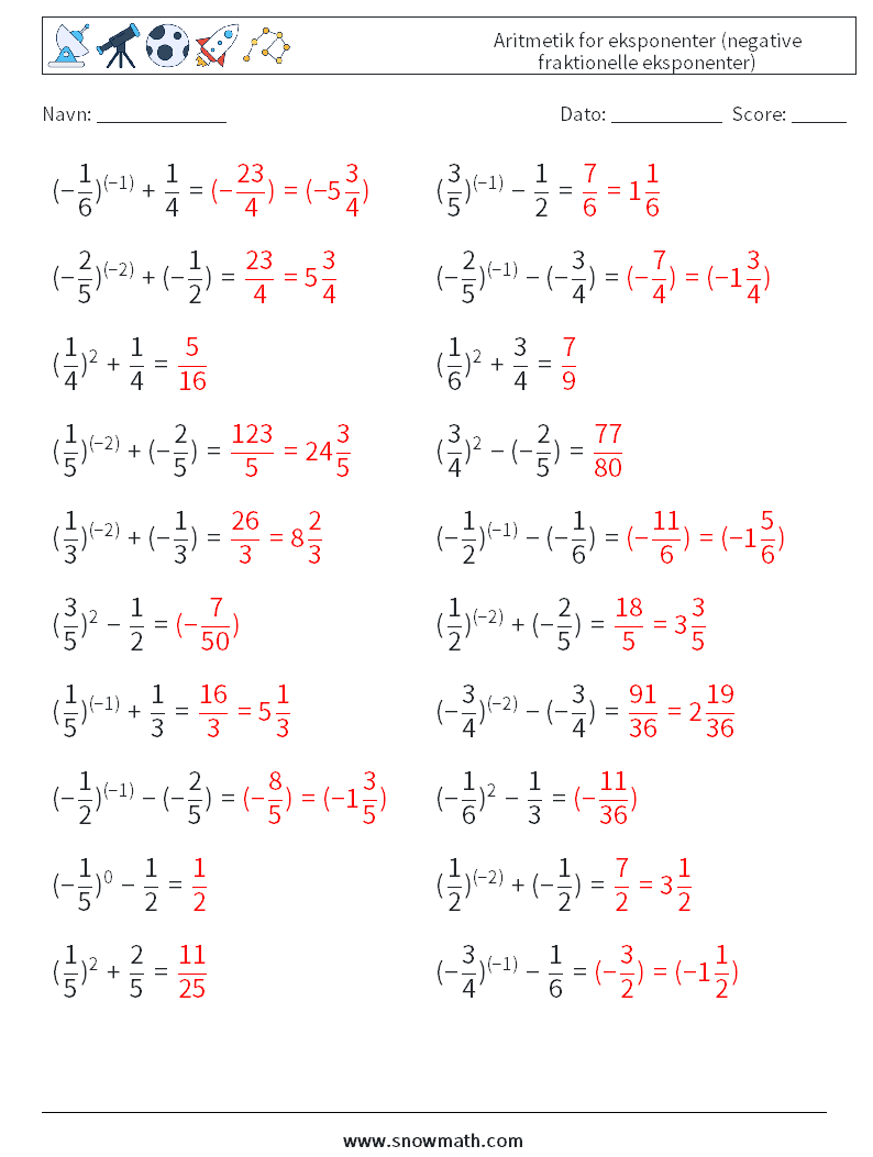  Aritmetik for eksponenter (negative fraktionelle eksponenter) Matematiske regneark 2 Spørgsmål, svar