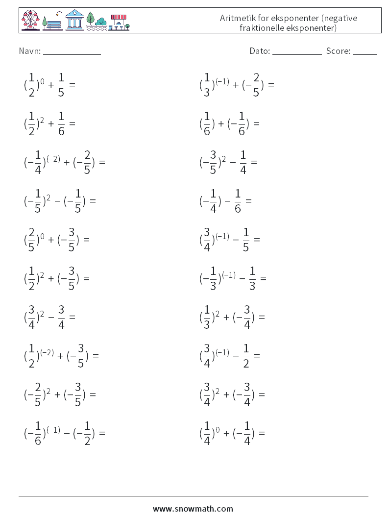  Aritmetik for eksponenter (negative fraktionelle eksponenter) Matematiske regneark 3