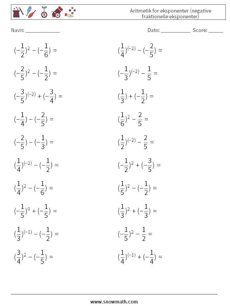  Aritmetik for eksponenter (negative fraktionelle eksponenter) Matematiske regneark 4