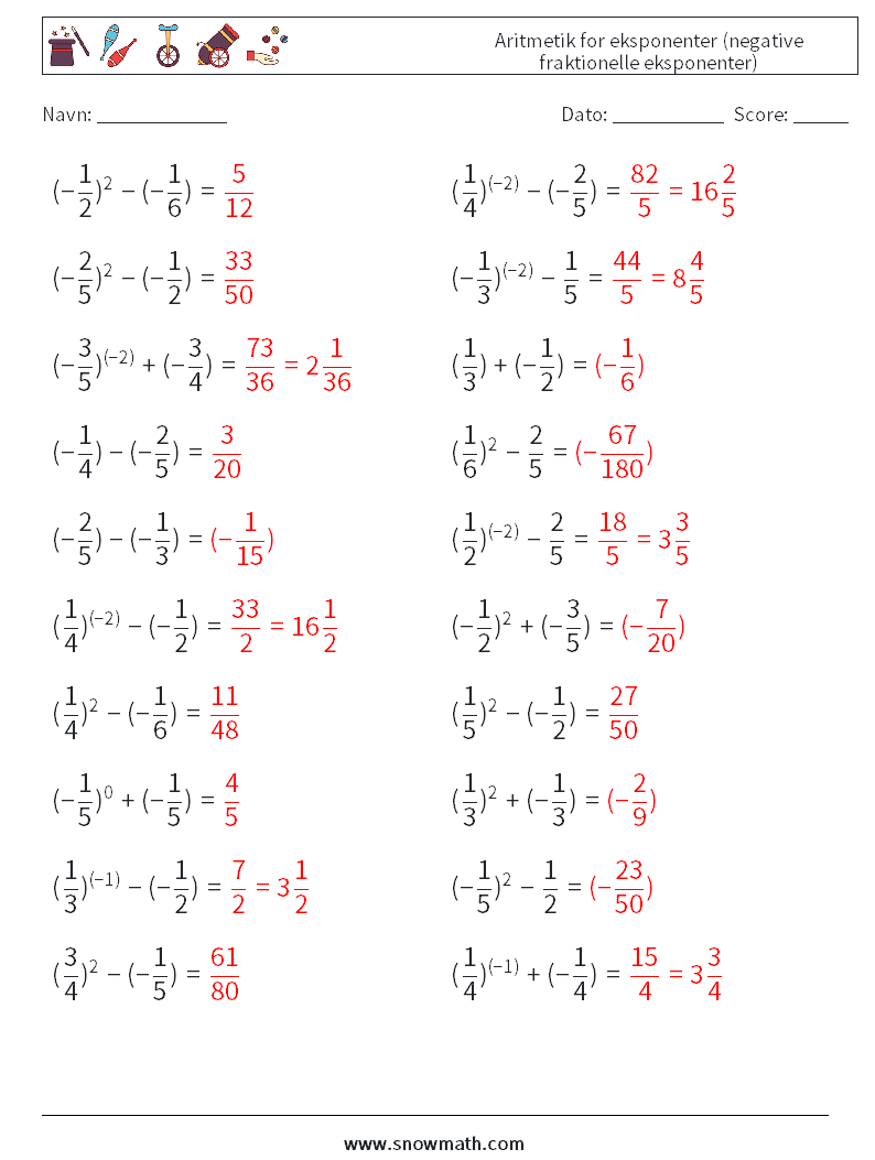  Aritmetik for eksponenter (negative fraktionelle eksponenter) Matematiske regneark 4 Spørgsmål, svar