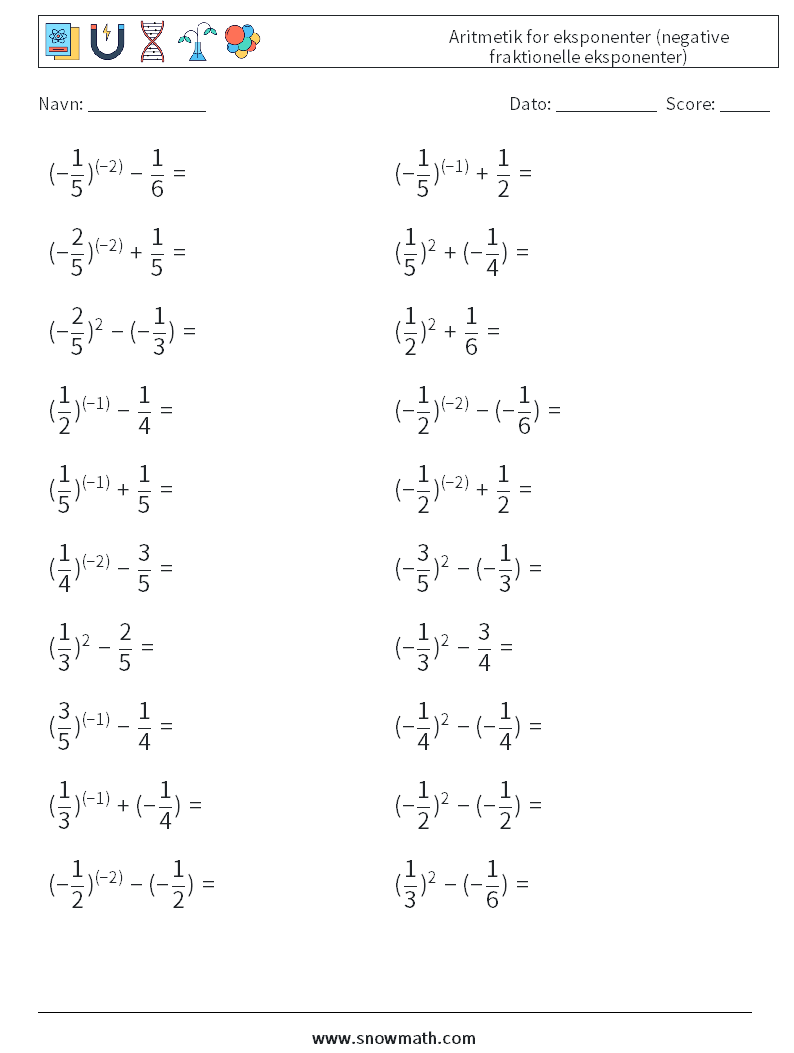  Aritmetik for eksponenter (negative fraktionelle eksponenter) Matematiske regneark 5