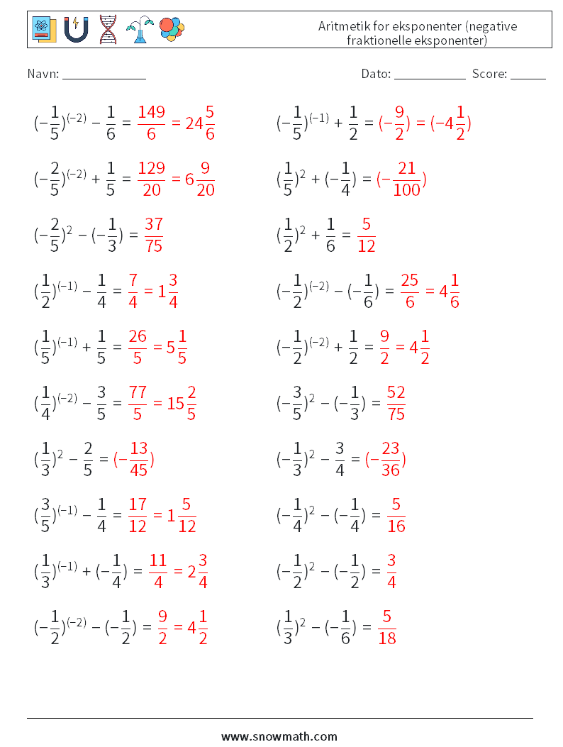  Aritmetik for eksponenter (negative fraktionelle eksponenter) Matematiske regneark 5 Spørgsmål, svar