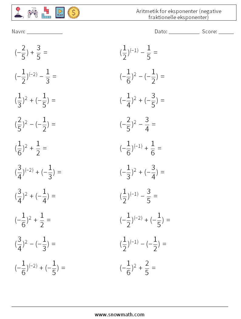  Aritmetik for eksponenter (negative fraktionelle eksponenter) Matematiske regneark 6