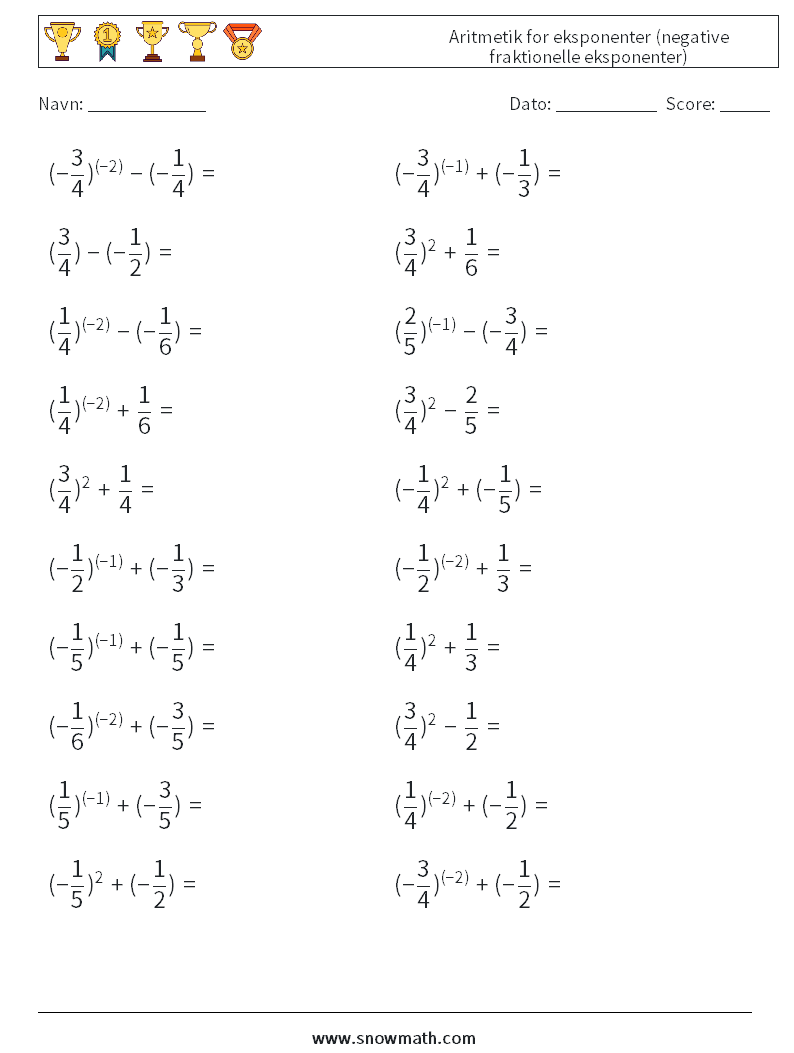  Aritmetik for eksponenter (negative fraktionelle eksponenter) Matematiske regneark 7