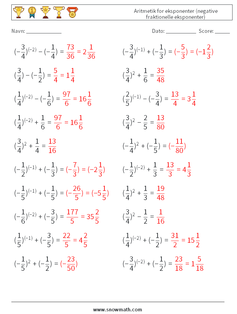  Aritmetik for eksponenter (negative fraktionelle eksponenter) Matematiske regneark 7 Spørgsmål, svar
