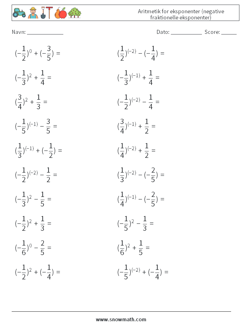  Aritmetik for eksponenter (negative fraktionelle eksponenter) Matematiske regneark 8